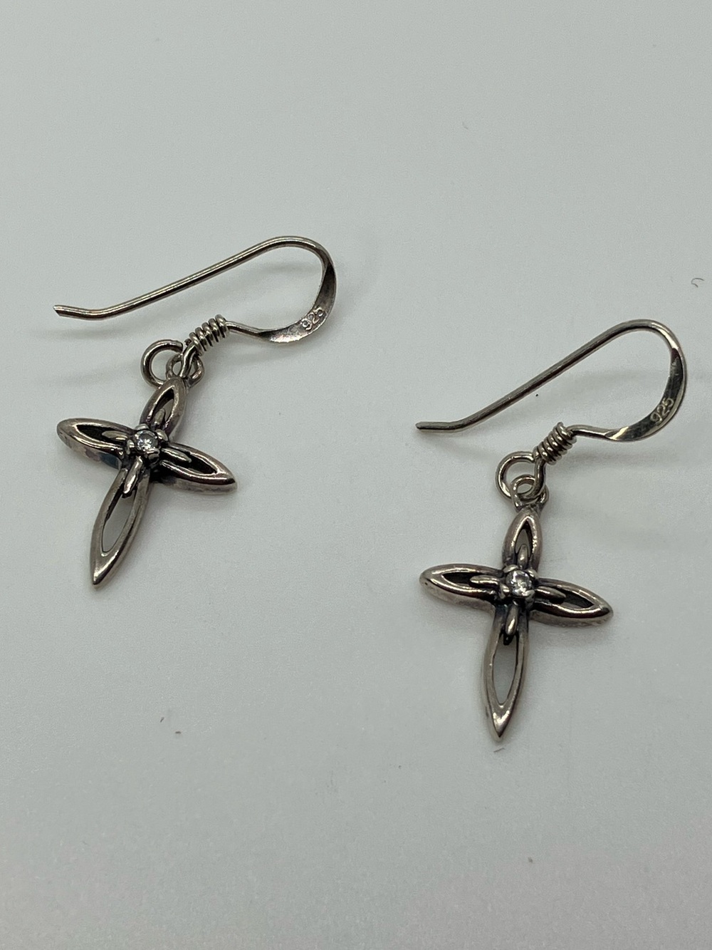Vtg 925 Solitaire CZ MCM Style Starburst Sterling Silver Cross Dangle Earrings